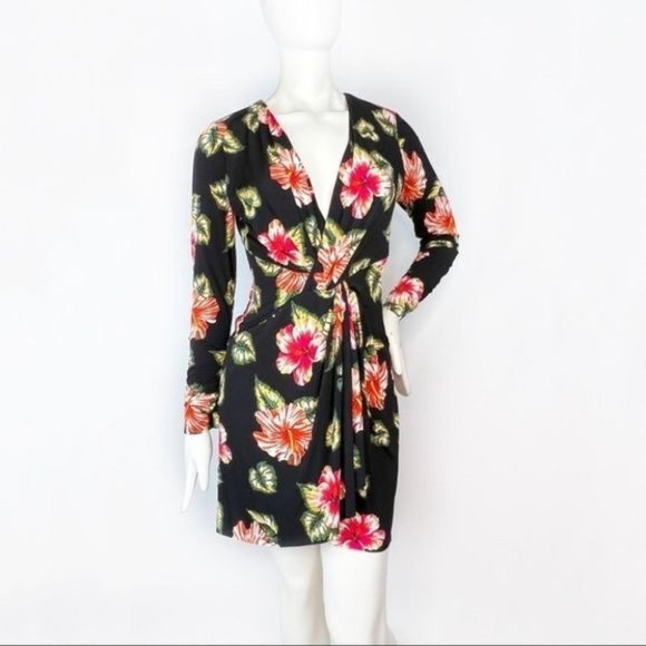 LE SUPERBE V Neck Floral Long Sleeve BODY CON Sexy Mini Dress - Picture 7 of 16